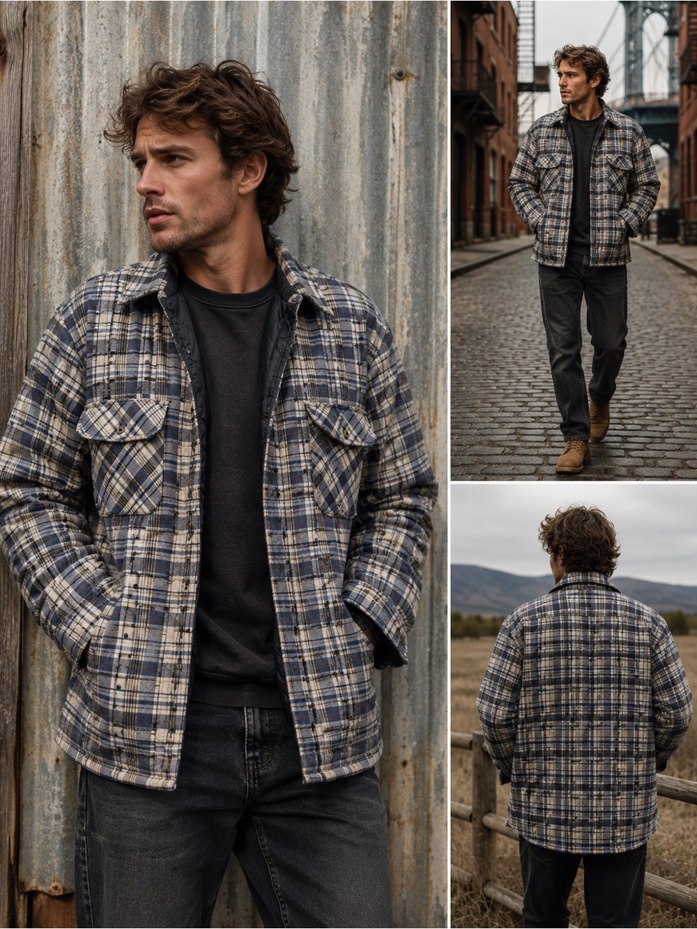 VTG Men's Flannel Plaid Shacket Jacket - Blue & Gray Sz L
